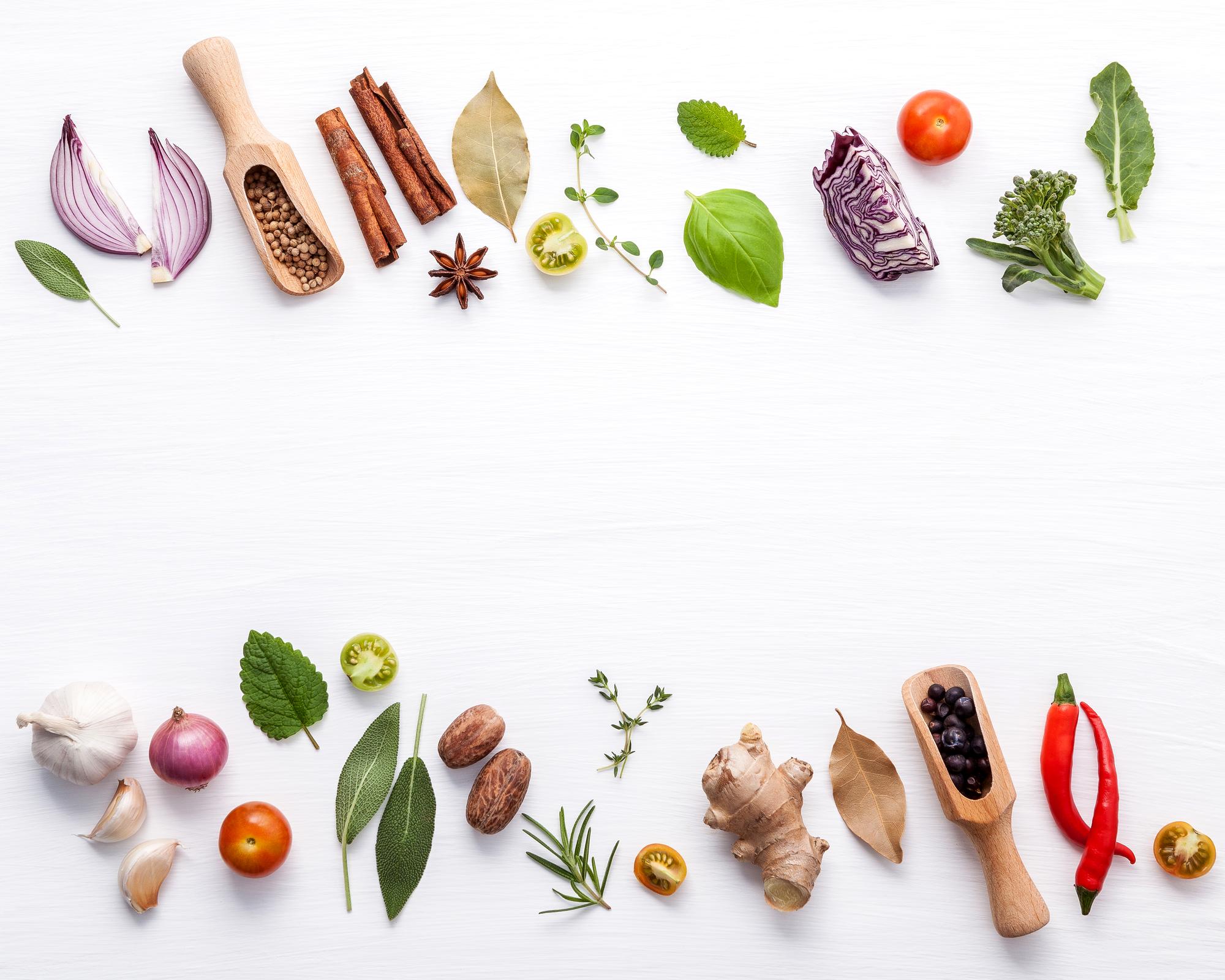 ingredient flatlay with seasonal vegetables and spices